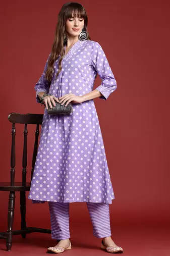 Lavender printed pure cotton kurta trouser set