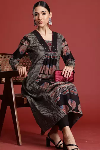 Multicolor printed pure cotton kurta trouser set