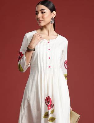 Off white printed pure cotton kurta trouser set 1