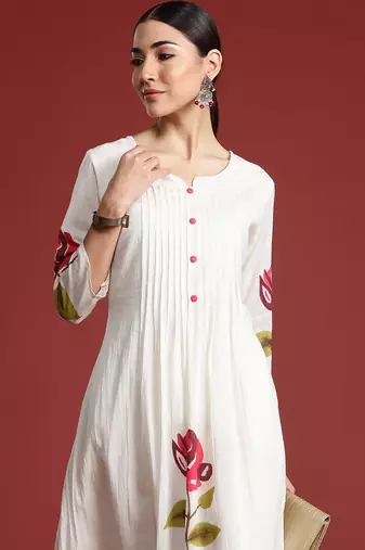 Off white printed pure cotton kurta trouser set