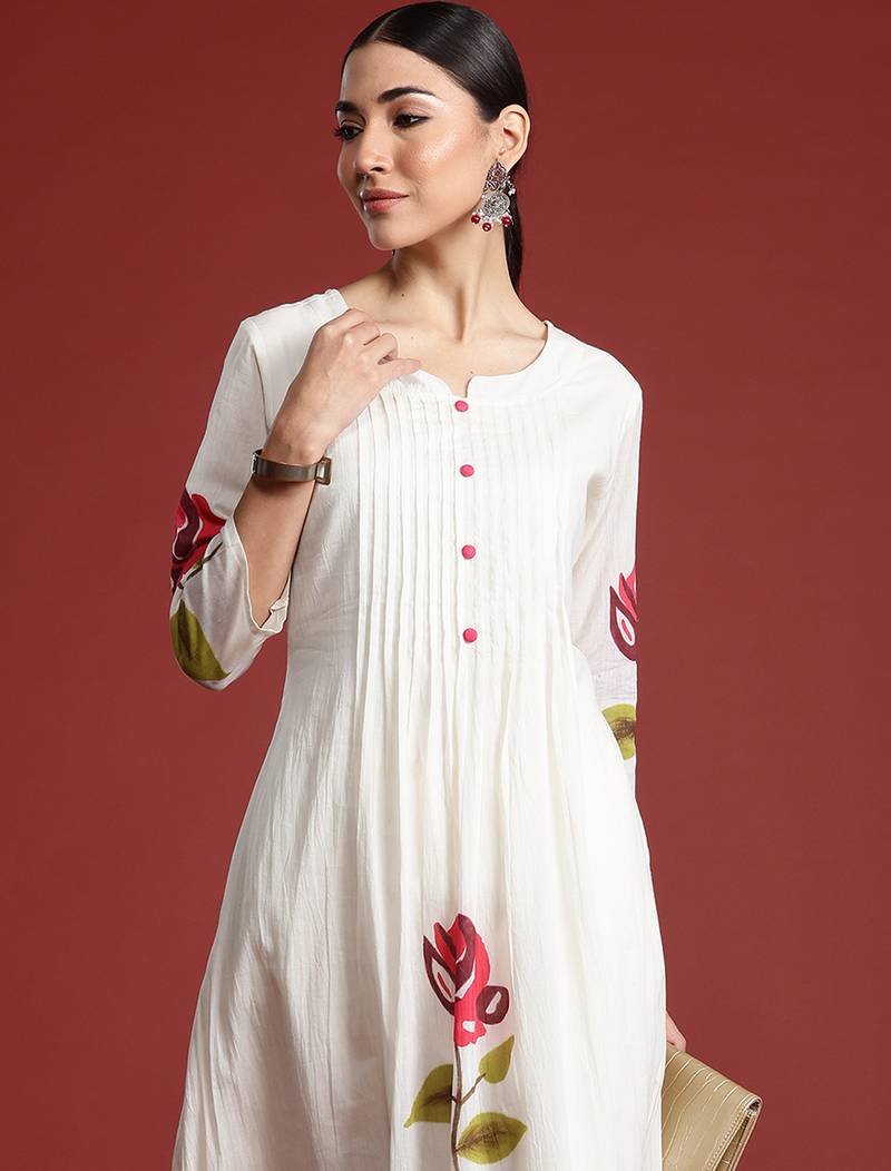 Off white printed pure cotton kurta trouser set