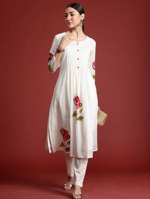 Off white printed pure cotton kurta trouser set 4
