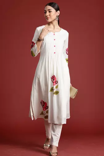 Off white printed pure cotton kurta trouser set