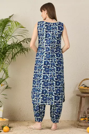 Blue printed pure cotton kurta trouser set