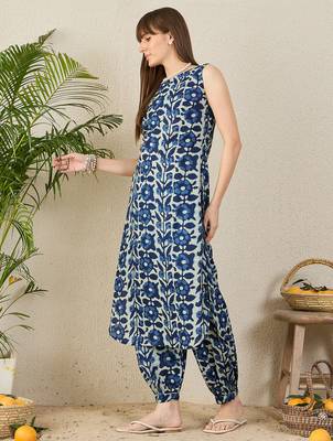 Blue printed pure cotton kurta trouser set 3