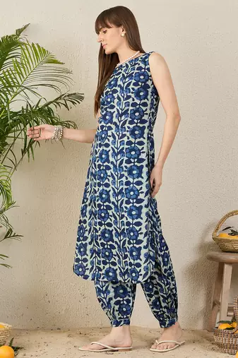 Blue printed pure cotton kurta trouser set