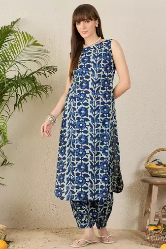 Blue printed pure cotton kurta trouser set