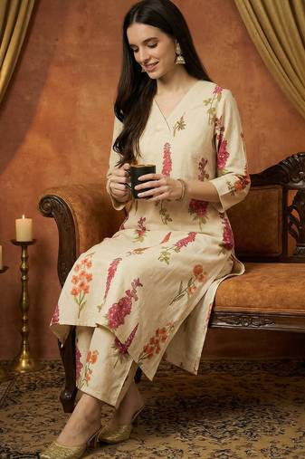 White printed pure cotton kurta trouser set