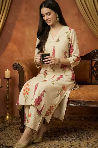 White printed pure cotton kurta trouser set