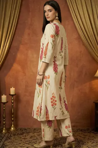 White printed pure cotton kurta trouser set