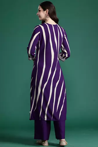 Purple printed viscose rayon kurta trouser set