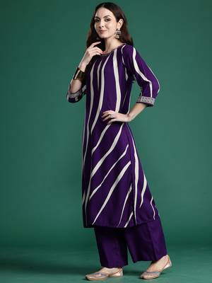 Purple printed viscose rayon kurta trouser set 3