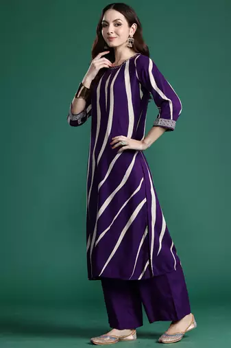 Purple printed viscose rayon kurta trouser set