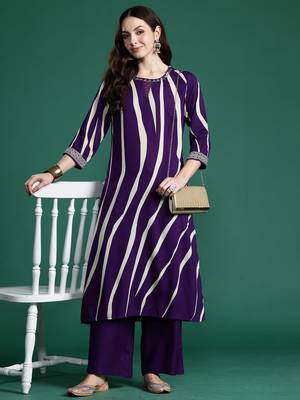 Purple printed viscose rayon kurta trouser set 4