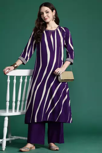 Purple printed viscose rayon kurta trouser set
