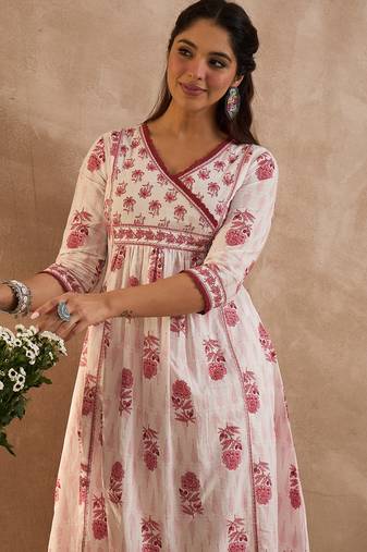 White printed pure cotton kurta trouser set