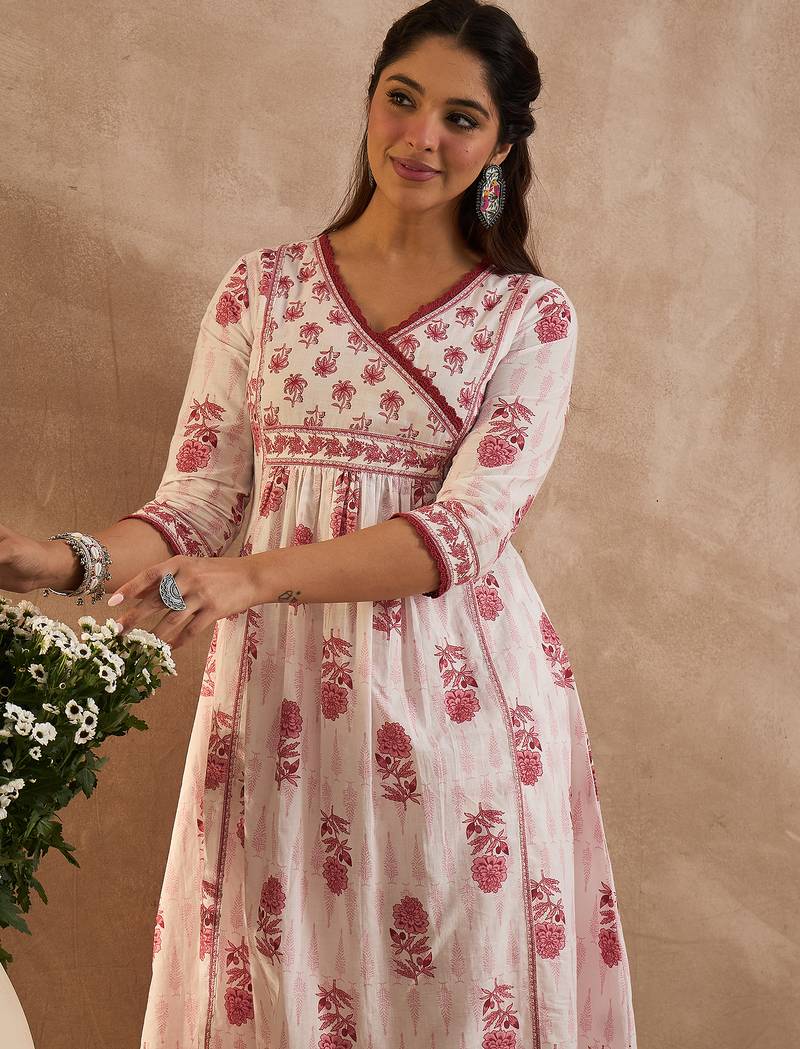 White printed pure cotton kurta trouser set