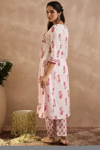 White printed pure cotton kurta trouser set
