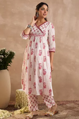 White printed pure cotton kurta trouser set