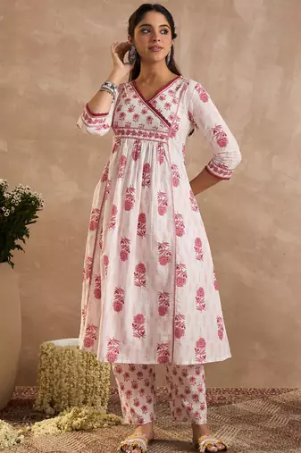 White printed pure cotton kurta trouser set
