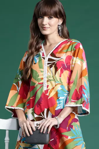 Multicolor printed pure cotton kurta trouser set