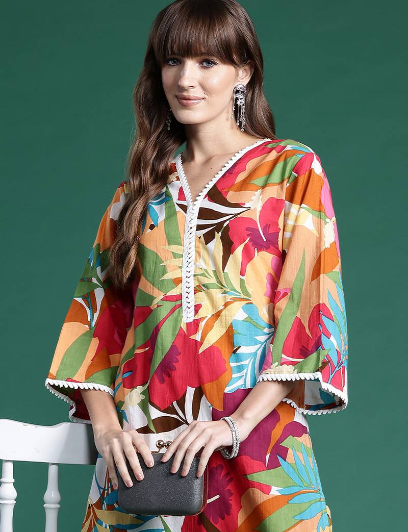 Multicolor printed pure cotton kurta trouser set