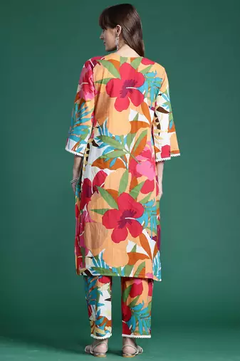 Multicolor printed pure cotton kurta trouser set