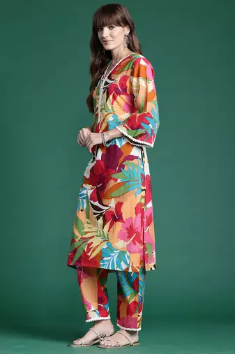 Multicolor printed pure cotton kurta trouser set