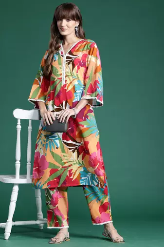 Multicolor printed pure cotton kurta trouser set