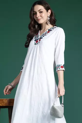 White embroidered pure cotton kurta trouser set