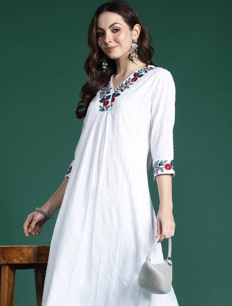 White embroidered pure cotton kurta trouser set