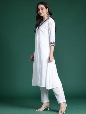 White embroidered pure cotton kurta trouser set 3