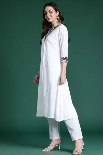 White embroidered pure cotton kurta trouser set