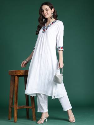 White embroidered pure cotton kurta trouser set 4