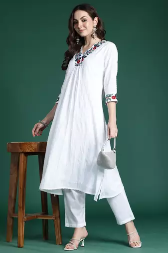 White embroidered pure cotton kurta trouser set