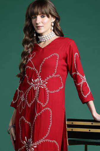 Maroon embroidered viscose rayon kurta trouser set
