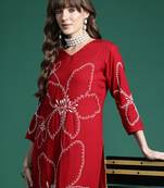 Maroon embroidered viscose rayon kurta trouser set