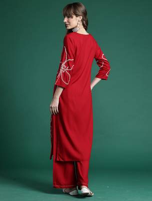 Maroon embroidered viscose rayon kurta trouser set 2