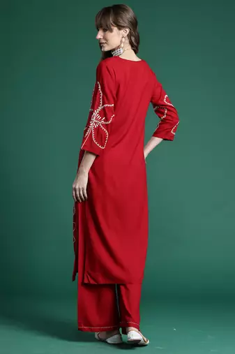 Maroon embroidered viscose rayon kurta trouser set