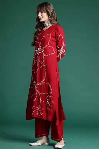 Maroon embroidered viscose rayon kurta trouser set