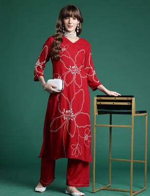 Maroon embroidered viscose rayon kurta trouser set 4