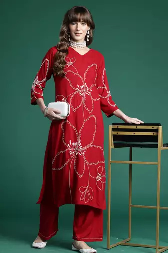 Maroon embroidered viscose rayon kurta trouser set