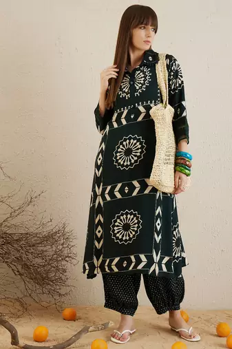 Green embroidered viscose rayon kurta trouser set