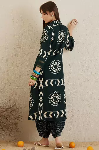 Green embroidered viscose rayon kurta trouser set