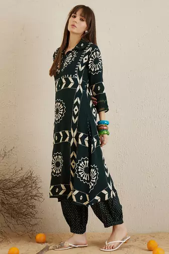 Green embroidered viscose rayon kurta trouser set