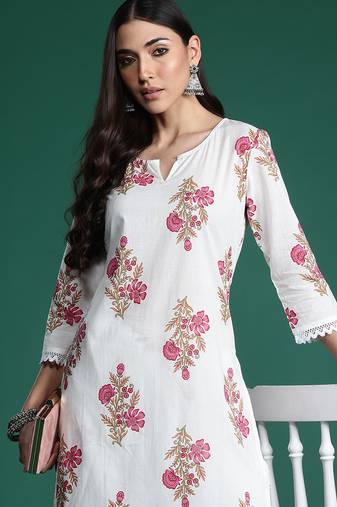 White printed pure cotton kurta trouser set