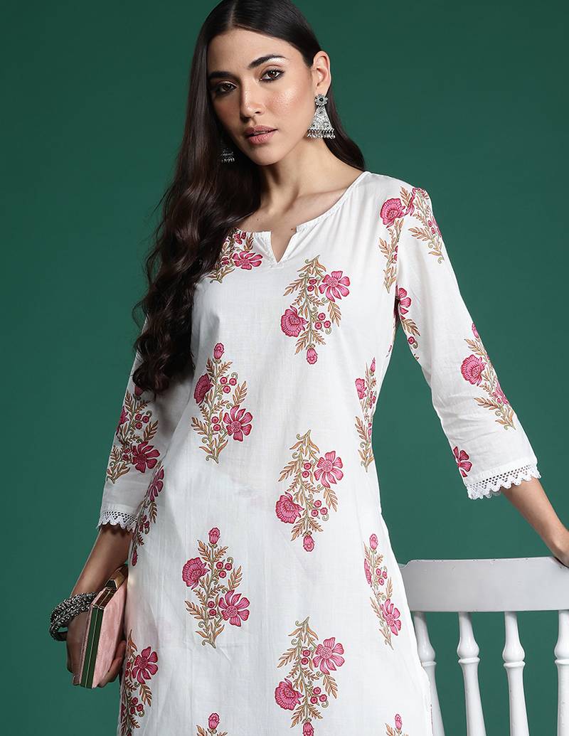 White printed pure cotton kurta trouser set