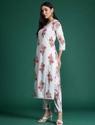 White printed pure cotton kurta trouser set 2