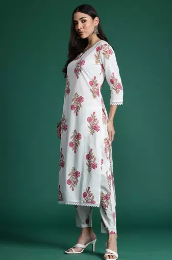 White printed pure cotton kurta trouser set