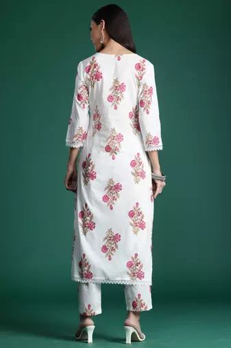White printed pure cotton kurta trouser set